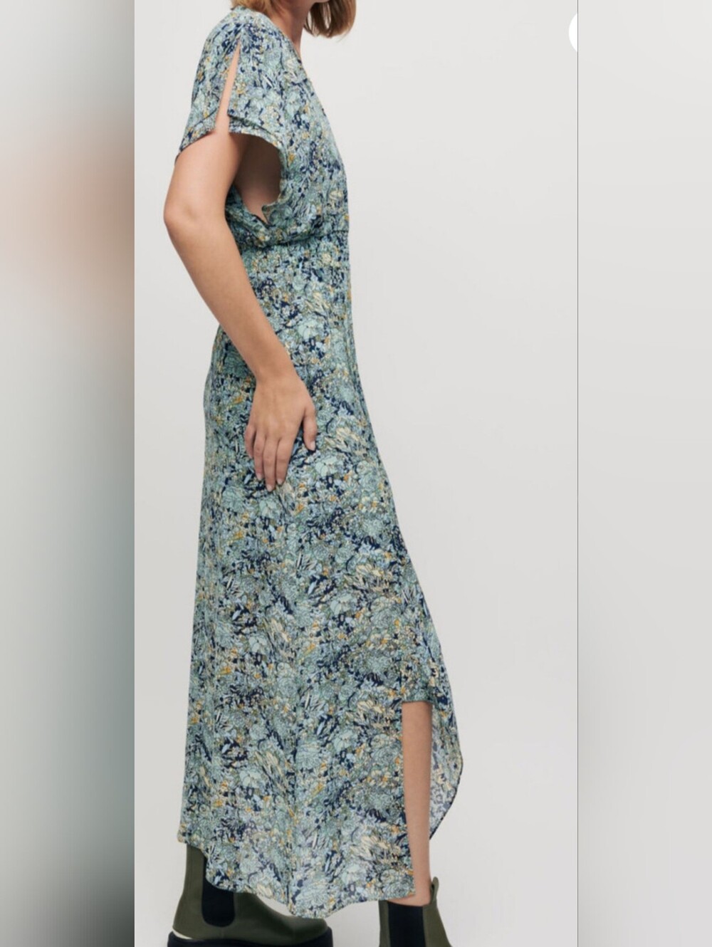Maje Dress, NEW! Size Large (40FR), Blue Floral Print, Handkerchief Hem - Picture 11 of 16